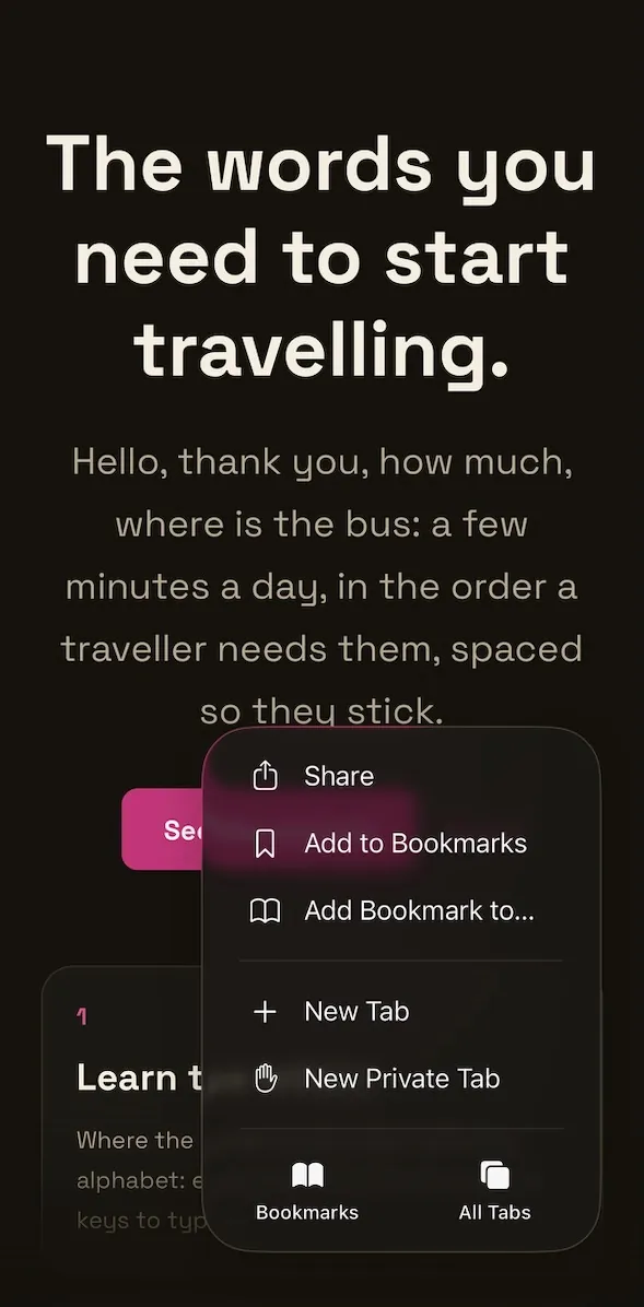 Safari's page menu, with Share at the top