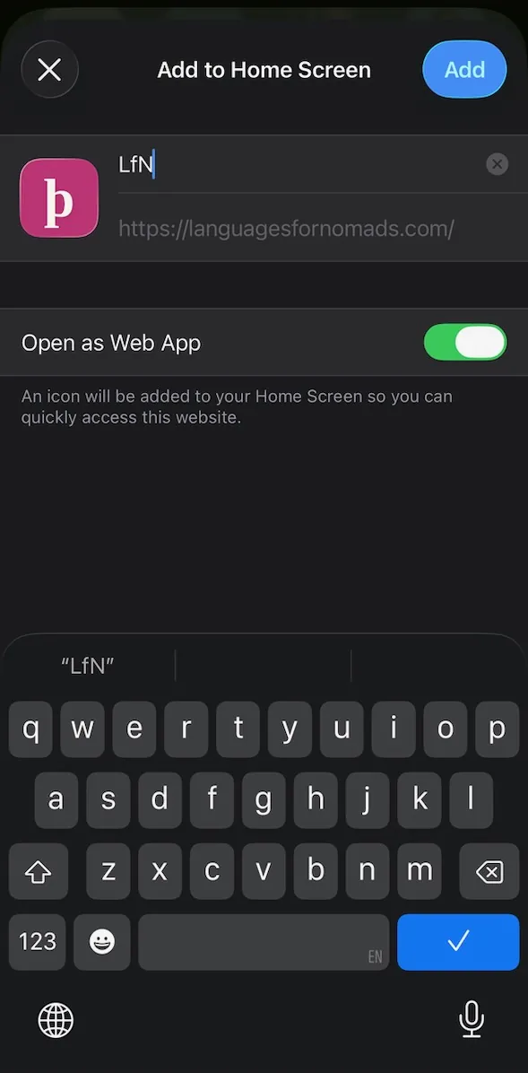Add to Home Screen, with Open as Web App turned on