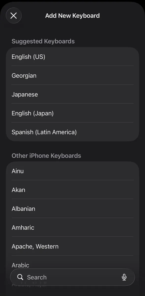 Add New Keyboard, listing suggested and other keyboards